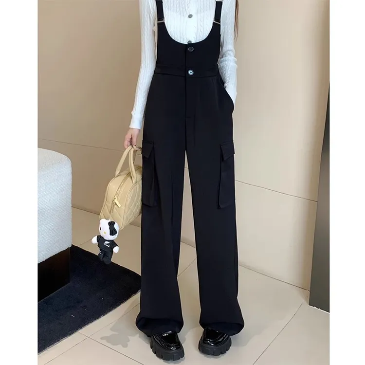 大码2023秋新款直筒显瘦高腰设计感黑色西装工装休闲背带裤200斤