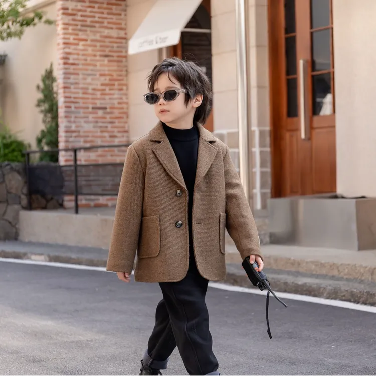 2025秋冬新款绵羊毛小西装儿童短款毛呢外套韩版