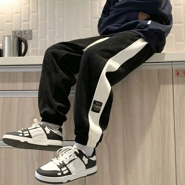 青少年港风宽松加绒加厚冬季灯芯绒束脚裤男潮牌休闲日系痞帅裤子