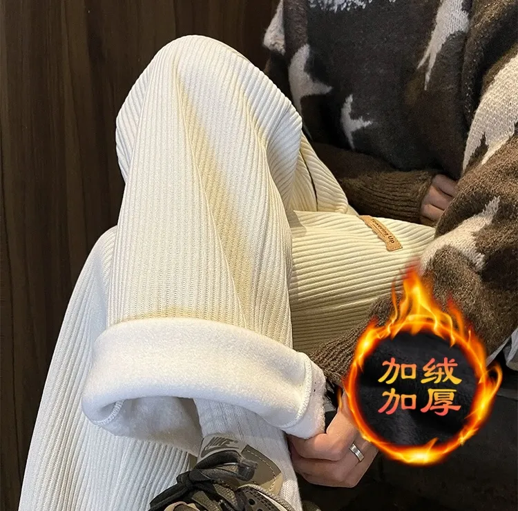 加绒加厚垂感直筒裤阔腿灯芯绒裤子男款潮牌秋冬季雪尼尔休闲男裤