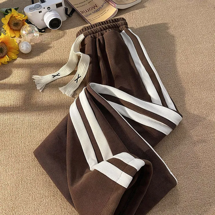 灯芯绒加绒加厚裤子潮百搭垂感卫裤美式高街男条纹直筒休闲长裤