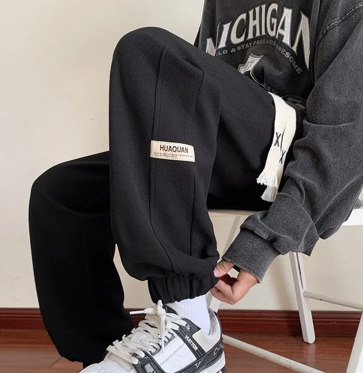 黑色束脚裤子男冬款潮牌卫裤2025新款美式加绒加厚秋冬宽松休闲裤