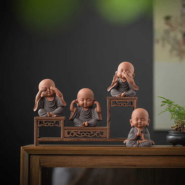 新中式紫砂四不小和尚摆件禅意茶室柜台桌面装饰品创意小沙弥摆设