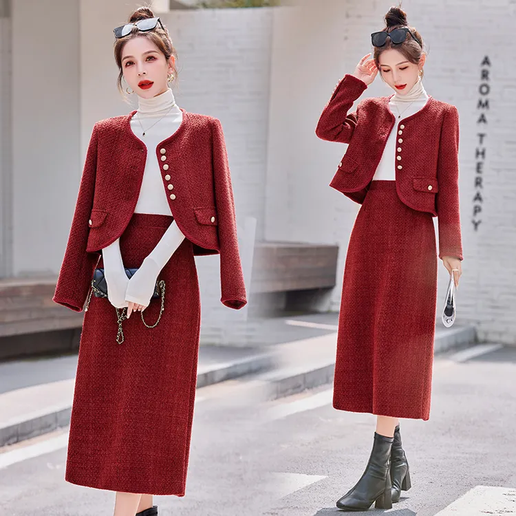 冬季新款红色小香风洋气复古毛呢外套包臀半身裙两件套时尚套装