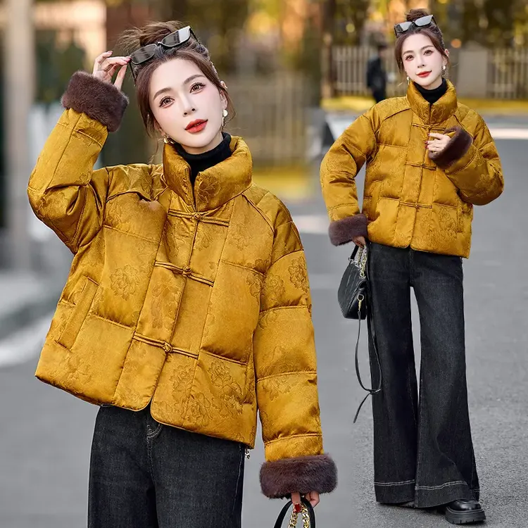 新中式国风复古提花羽绒服女高级感白鸭绒短款外套2024年冬季新款