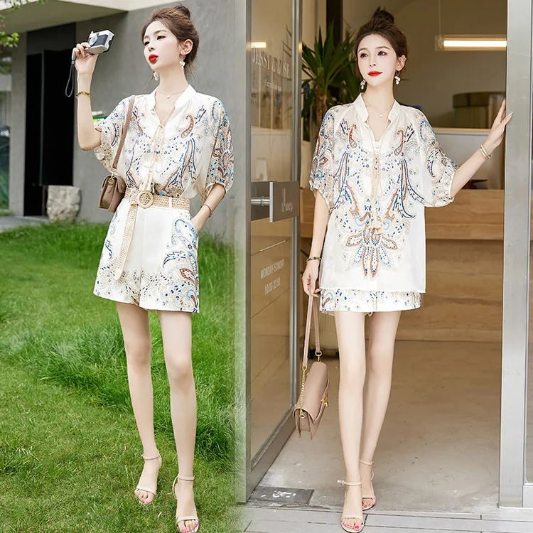 新中式复古风印花气质上衣短裤两件套慵懒风休闲洋气时尚套装