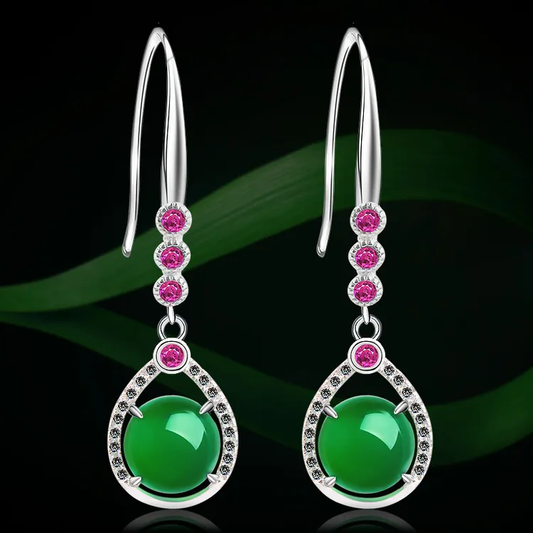 佑福祥冰种玉髓耳环女新款时尚翠绿S925银天然玉石耳坠厚银长耳钩