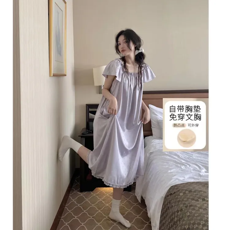 睡裙女带胸垫冰丝夏季大码睡衣200斤新款甜美短袖长裙孕妇家居服