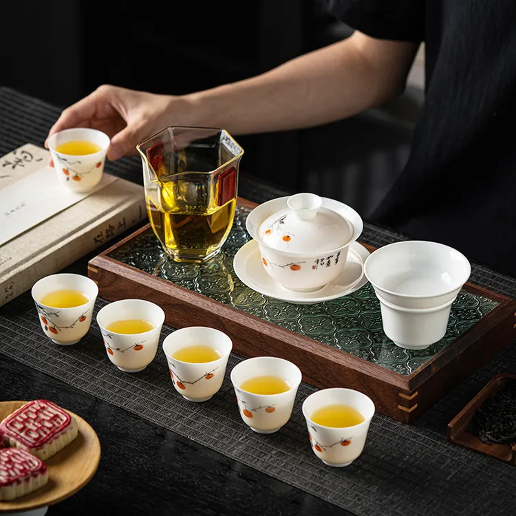 铮兮堂纯手工手绘茶具套装高端羊脂玉瓷薄胎瓷盖碗高档家用纯白瓷