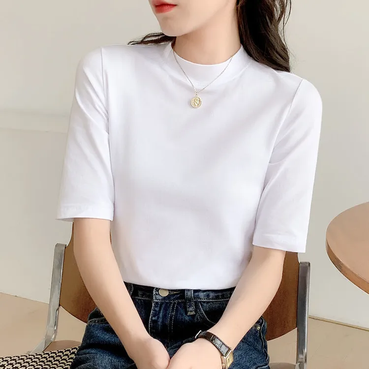 春秋季白色中袖t恤女棉紧身上衣内搭纯色小圆领打底衫修身五分袖