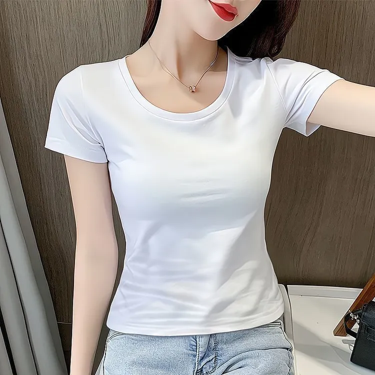 白色t恤女短袖修身显瘦打底衫纯色新款夏季百搭女士正肩洋气上衣T