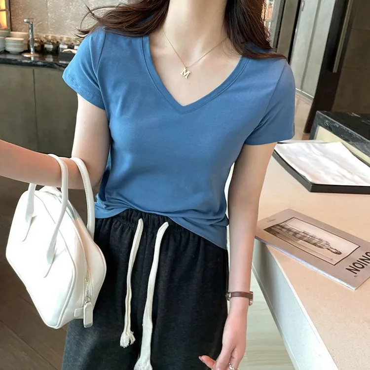 孔雀蓝短袖v领t恤女修身显瘦夏季新款打底衫体恤百搭紧身正肩上衣