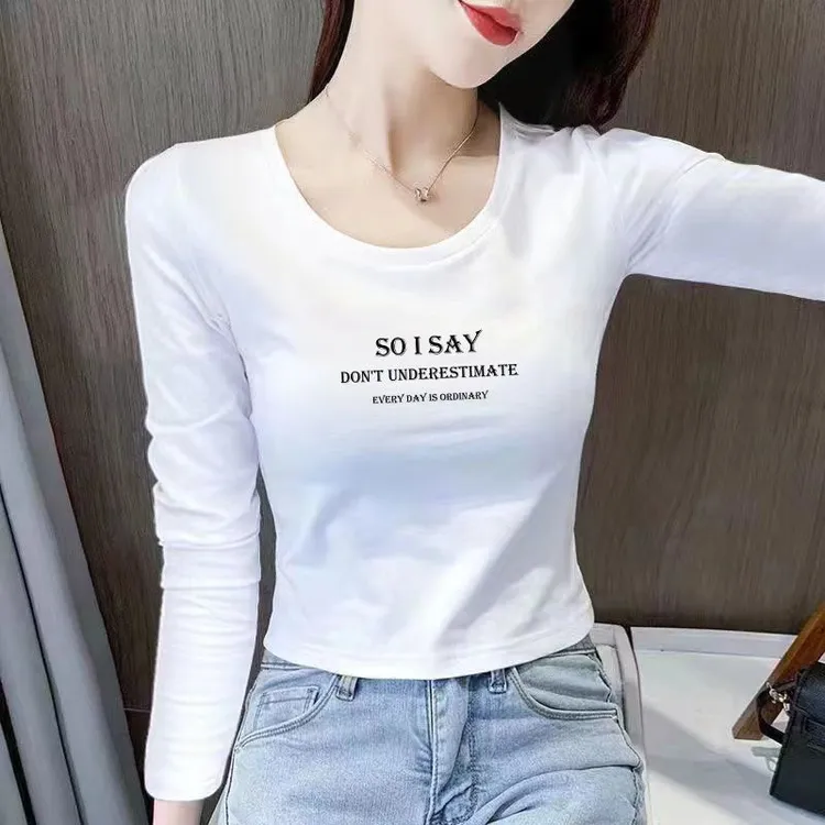 长袖t恤女短款百搭新款修身小个子打底衫女高腰露脐秋季上衣女ins