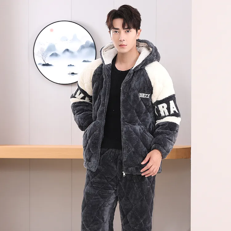 冬男士加厚睡衣连帽休闲加绒保暖内衣珊瑚绒夹棉法兰绒家居服套装