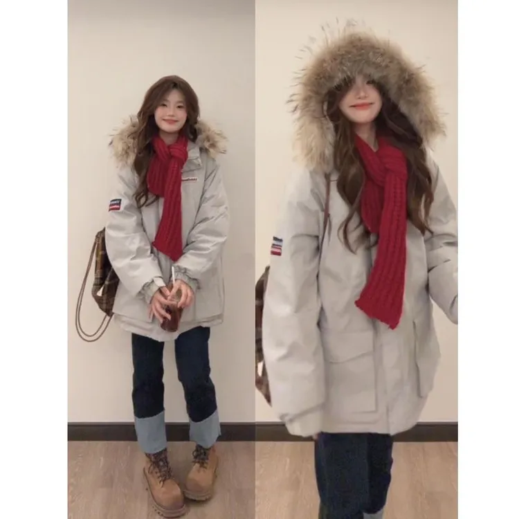 Ootd 好韩！黑金款大毛领定格棉工装派克棉服男女宽松棉袄毛领