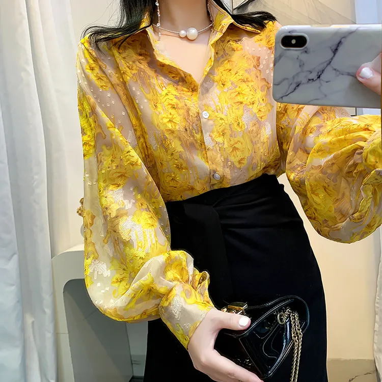 刺绣时尚衬衫雪纺衫女装2025春季新款灯笼袖上衣漂亮显瘦印花衬衣