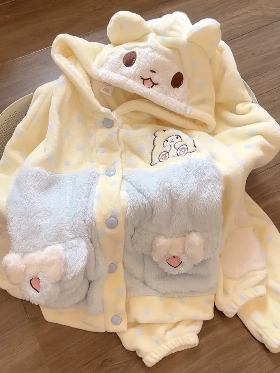 日系可爱毛毯熊睡衣女秋冬新款法兰绒加厚加绒保暖学生可爱家居服