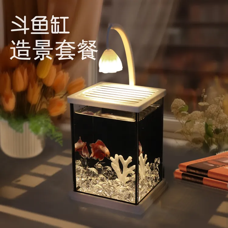 【新奇宠物】黑玻斗鱼专用缸造景套餐网红创意桌面玻璃缸生态养鱼缸