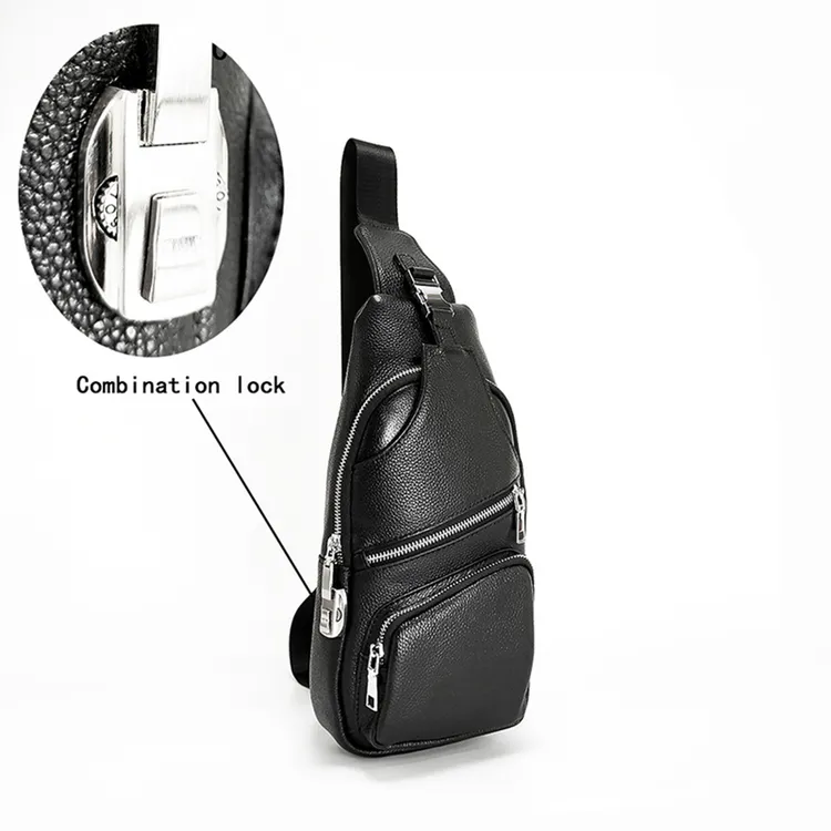 密码锁真皮胸包休闲带锁竖款腰包头层牛皮胸包男士真皮商务包