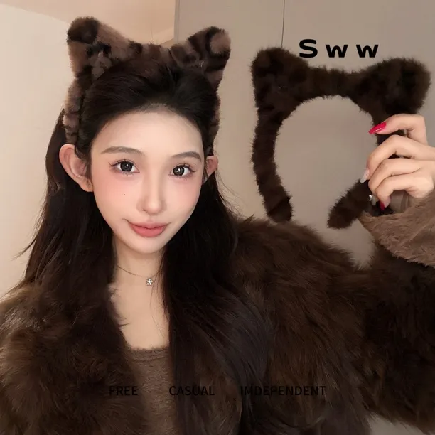 SWW秋冬网红毛绒猫耳朵居家日常豹纹猫耳朵可爱毛绒绒发箍