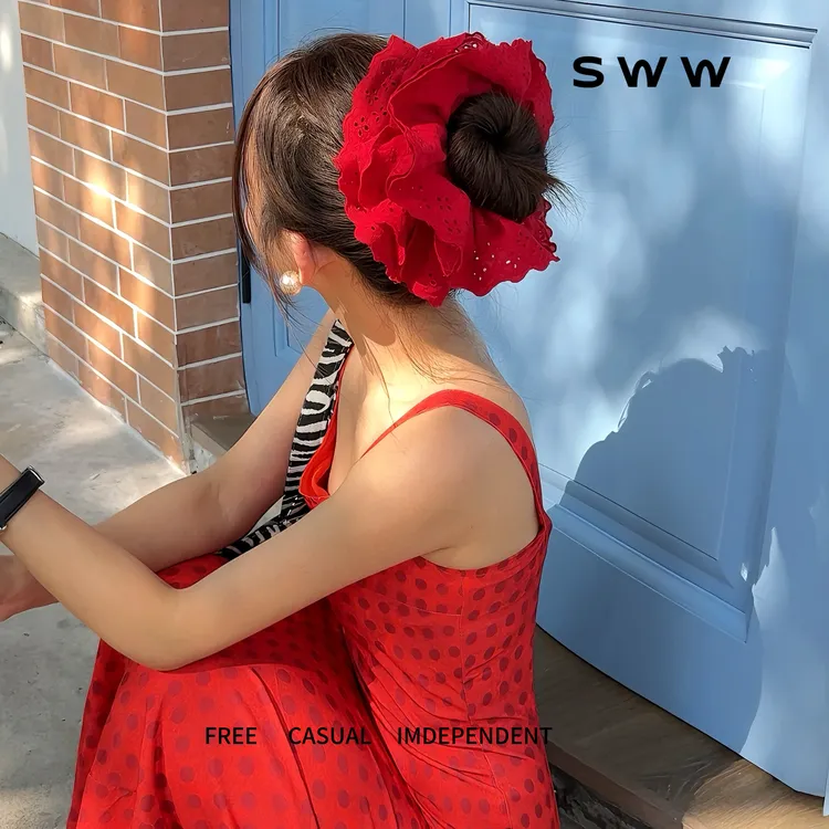 SWW重工特大号复古蕾丝发圈花边气质手工红色显瘦时尚法式发圈