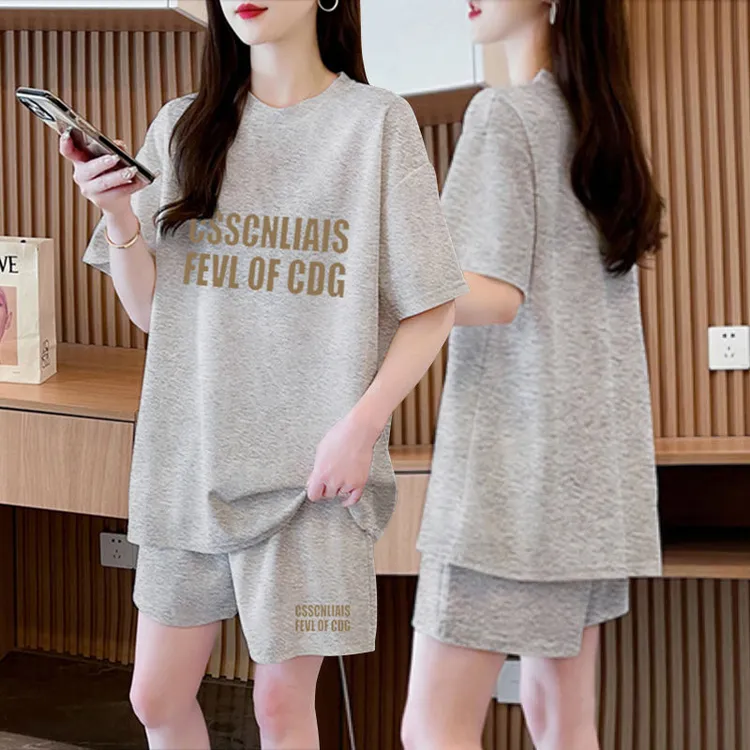 韩版百搭纯棉短袖T恤+短裤两件套女2024韩版新款宽松休闲运动套装