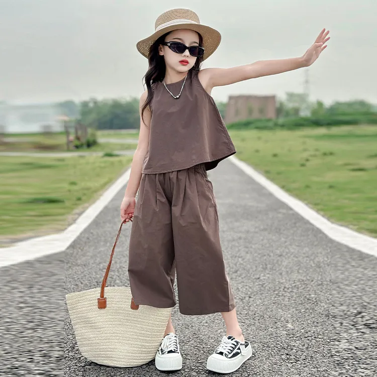 女童夏季套装2025新款洋气纯色时尚休闲两件套中大童6-12岁夏款潮