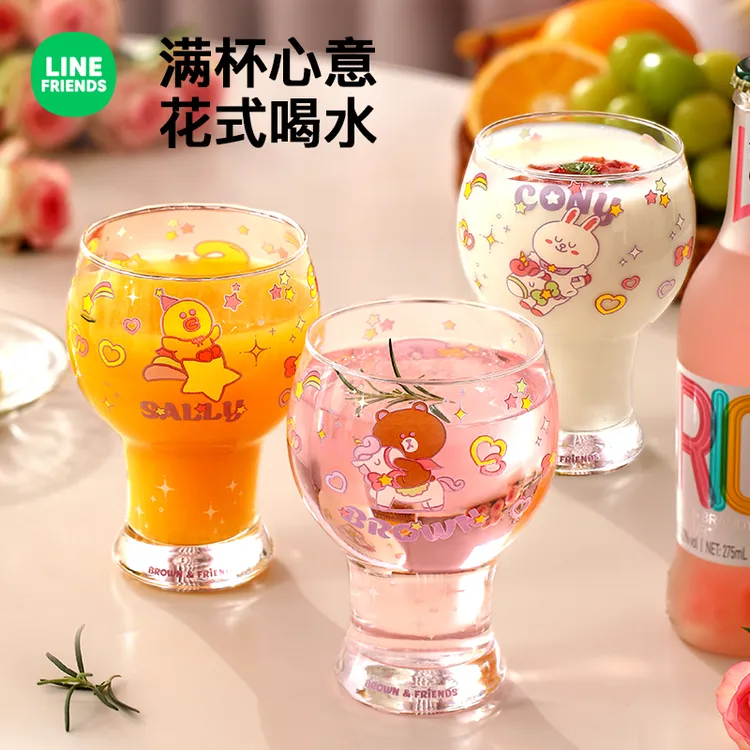 LINE FRIENDS玻璃杯碎花果汁杯茶杯酒杯喝水杯女可爱家用牛奶杯子