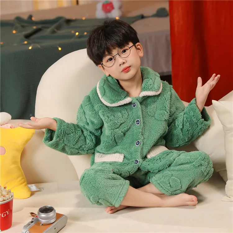 儿童法兰绒睡衣春秋季男童珊瑚绒加绒加厚宝宝保暖家居服中大童