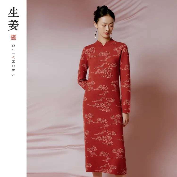 生姜 祥云 改良旗袍连衣裙秋冬季新款舒适中国风长裙11346101B
