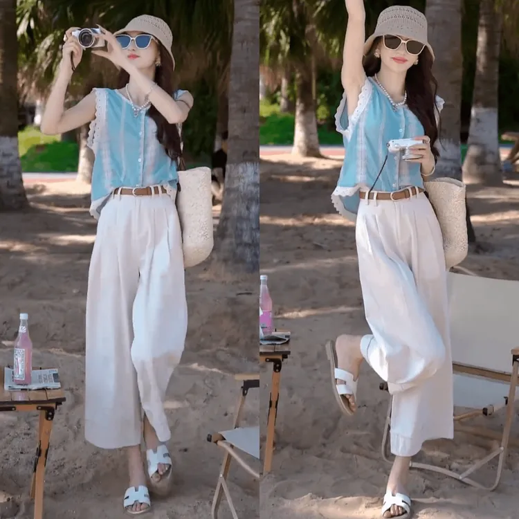夏装搭配一整套小个子无袖衬衫上衣高腰洋气减龄显瘦阔腿九分裤女