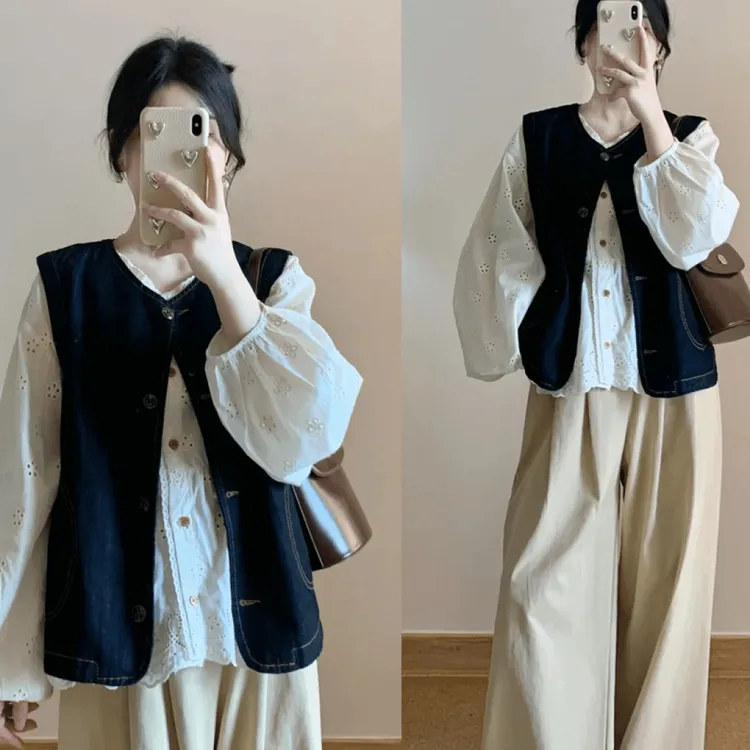2024早秋一整套女复古圆领宽松牛仔马甲背心搭配衬衫休闲裤三件套