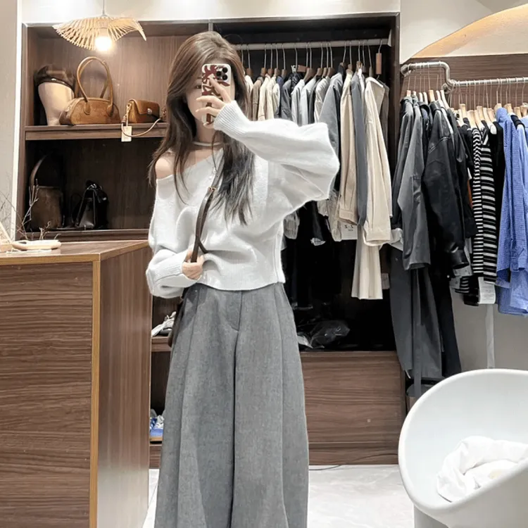 2024秋季新款韩系高级感灰色斜肩毛衣女休闲百搭显瘦阔腿裤两件套