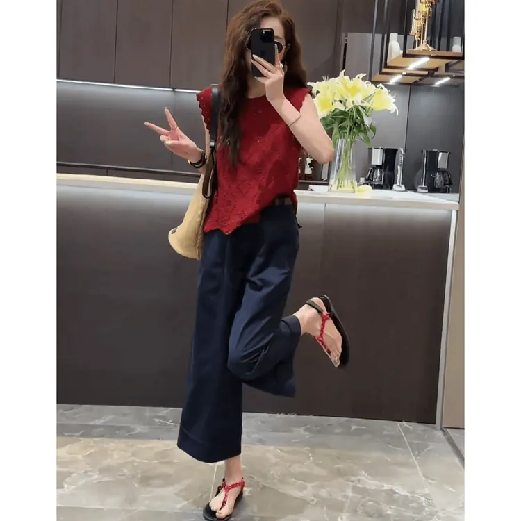 减龄搭配一整套夏装微胖女生穿搭空蕾丝无袖上衣阔腿裤两件套装女
