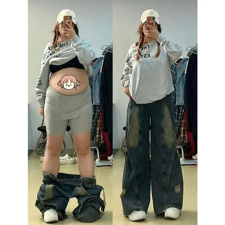 原创定制设计感胖mm早秋新款拖地高腰百搭A字牛仔阔腿裤女显瘦