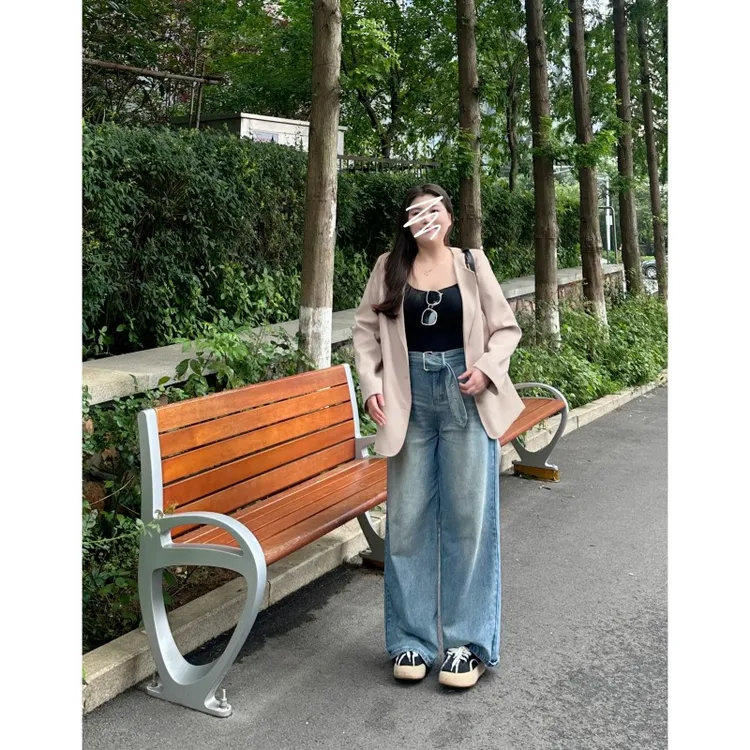 胖mm大码设计春夏新款百搭高腰显瘦阔腿拖地直筒牛仔裤女591