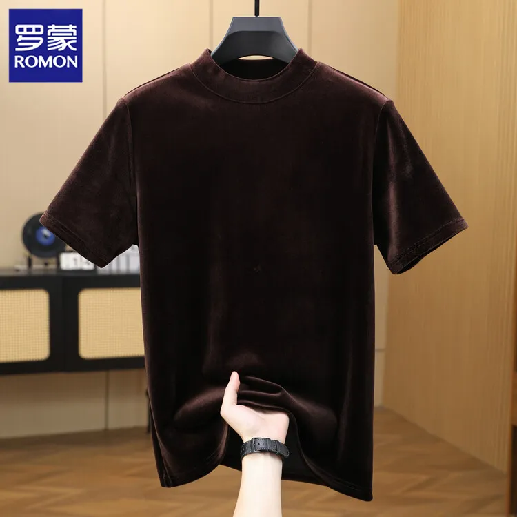 Romon/罗蒙金丝绒纯色半高领打底衫秋冬男士休闲内搭半袖柔软舒适