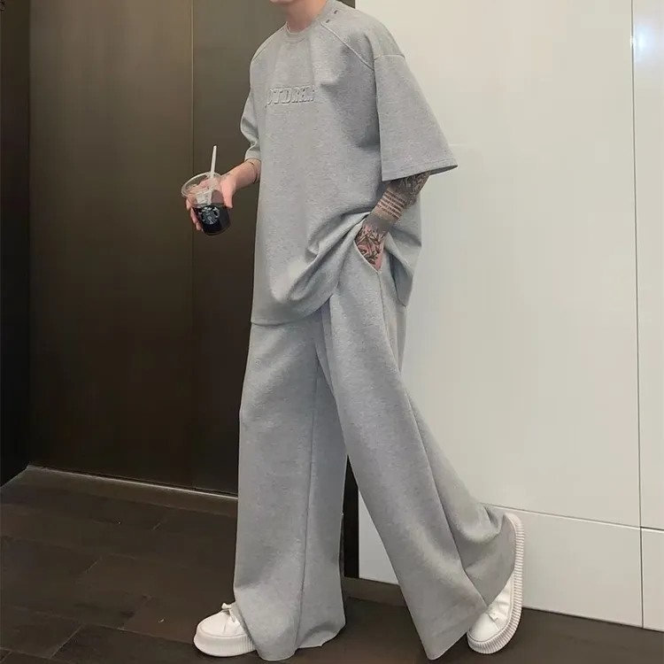 夏季休闲运动套装男短袖T恤潮流高街宽松直筒裤两件BQ
