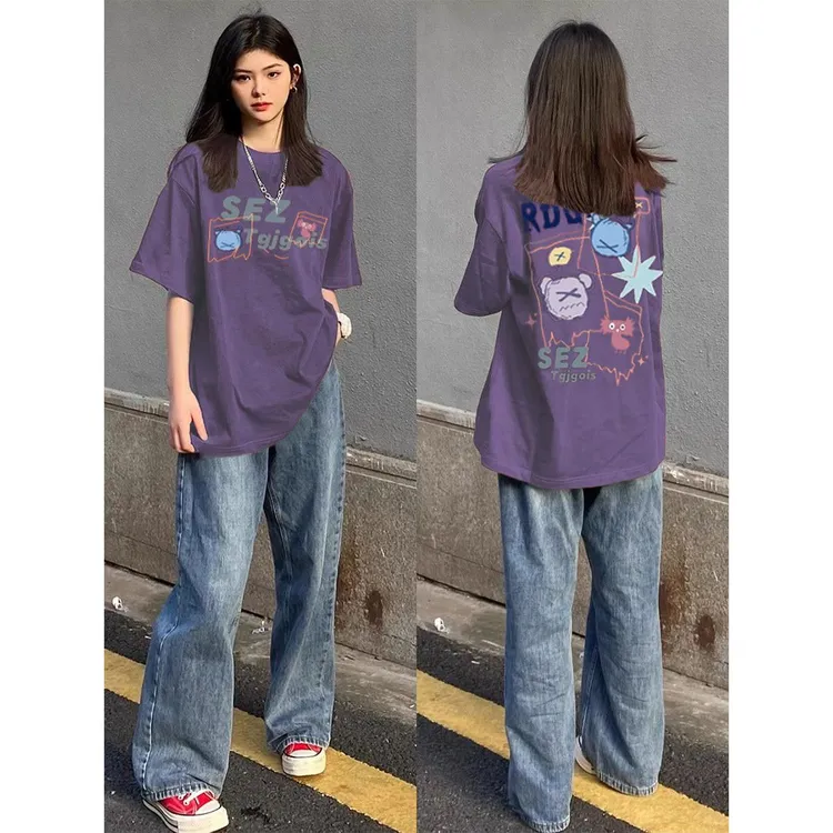 纯棉紫色显瘦短袖t恤女款百搭新款高级感美式小众i宽松上衣白色