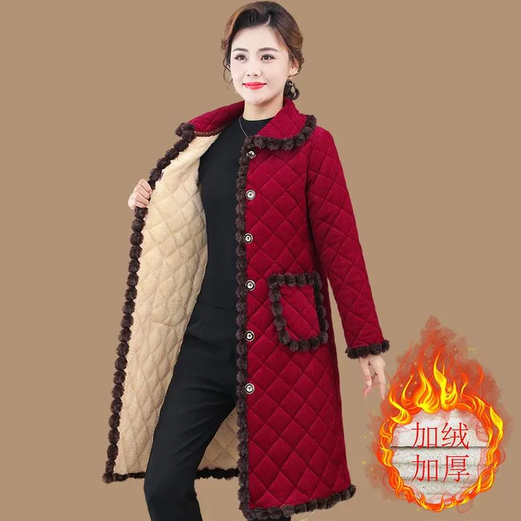 恒源祥彩羊妈妈冬装棉衣加绒加厚中老年灯芯绒棉服外套中长款居家