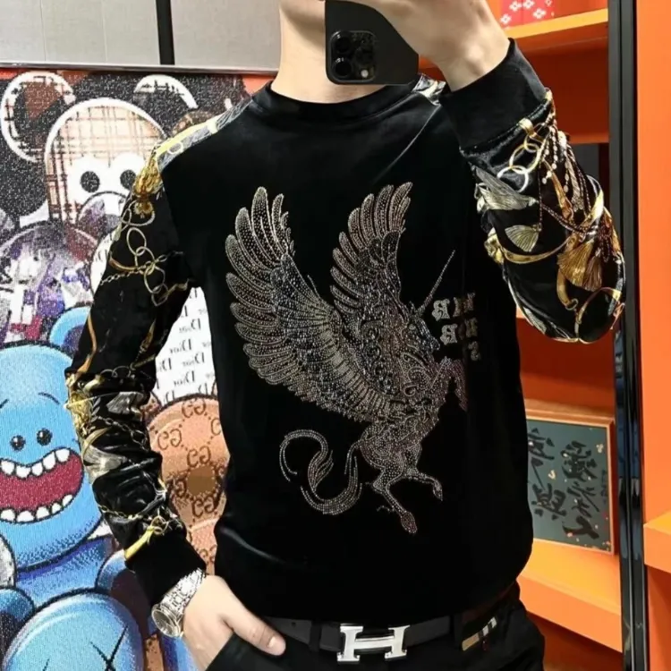 6238秋冬新款轻奢高品质欧货男装商务休闲时尚打底长袖丝绒卫衣