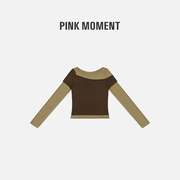 PM王囡囡 “咖啡撞卡其” 秋冬美拉德撞色设计长袖T恤 NC1C0398