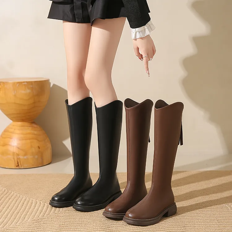 平底长靴女秋冬季棕色百搭显瘦弹力高跟瘦瘦靴骑士靴小个子高筒靴