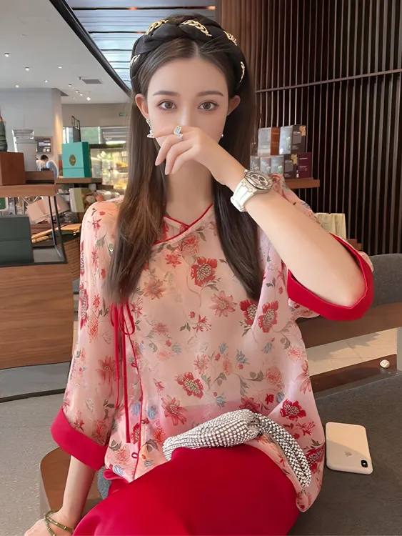 名媛睡衣女夏新印花2024冰丝新款绸缎国风气质感可外穿套装家居服