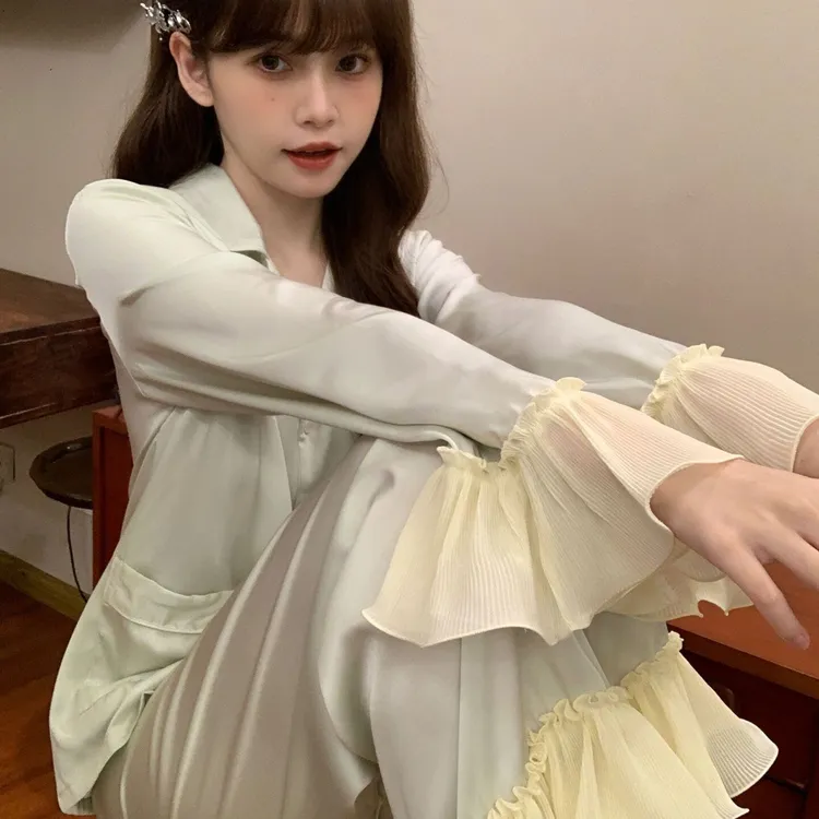 高定冰雪丝夏季木耳边网红长袖长裤睡衣女款爆款休闲可外出家居服