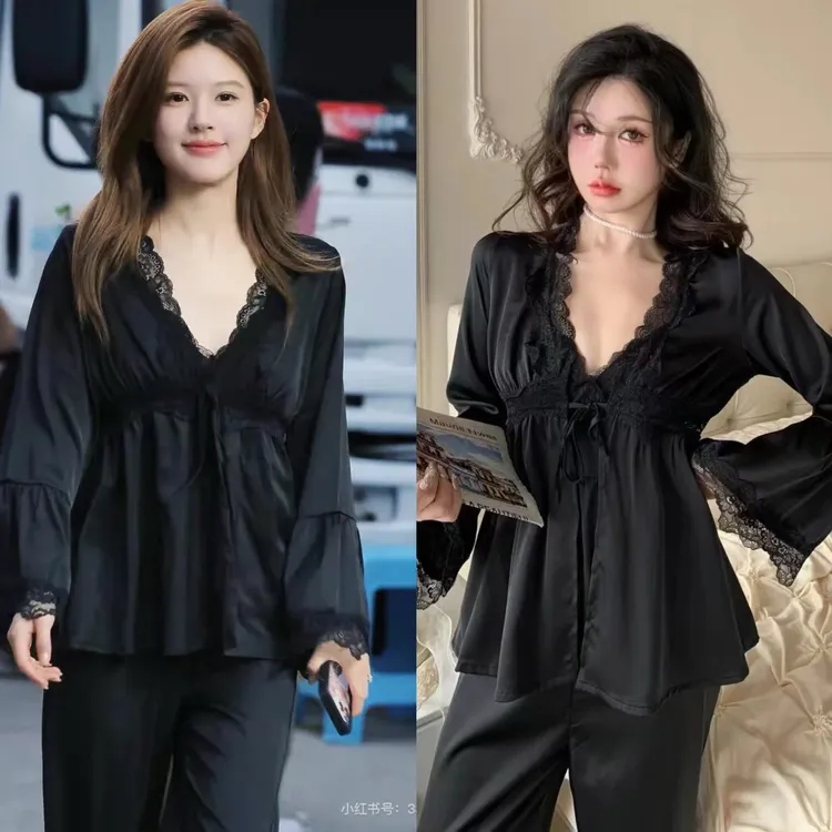 露思同款性感睡衣女款2025新款春秋季冰丝带胸垫吊带三件套家居服