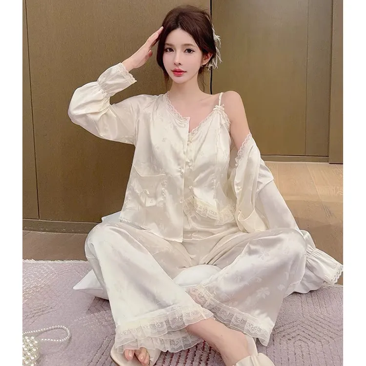 新款冰丝睡衣女春秋三件套2025爆款提花带胸垫吊带大码套装家居服