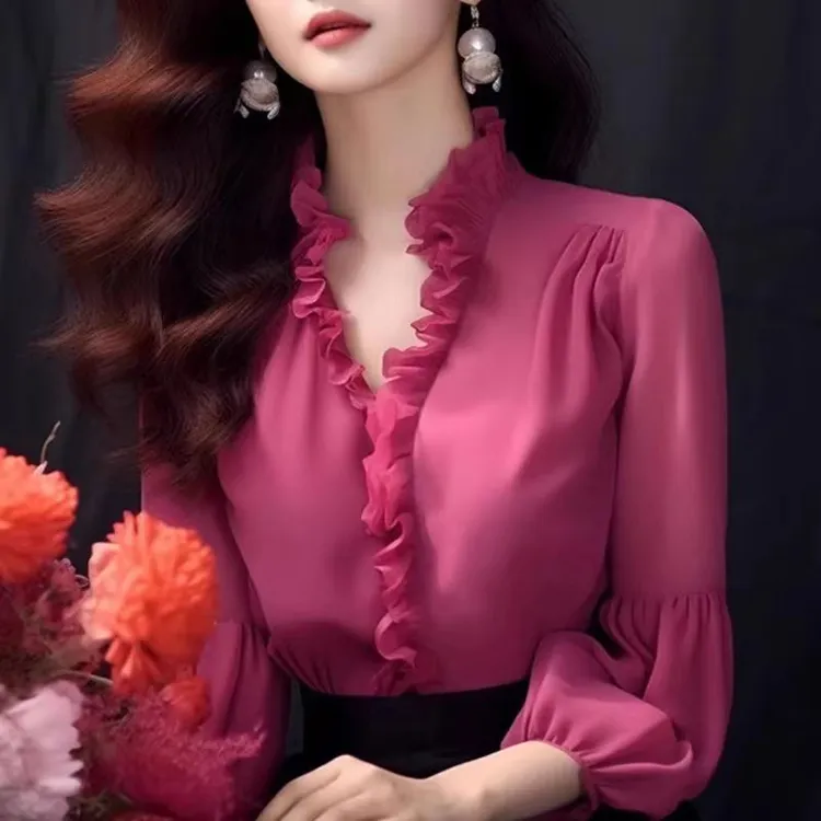 法式春夏新款雪纺衬衣高级感时尚洋气绝美玫红色防晒小衫上衣女