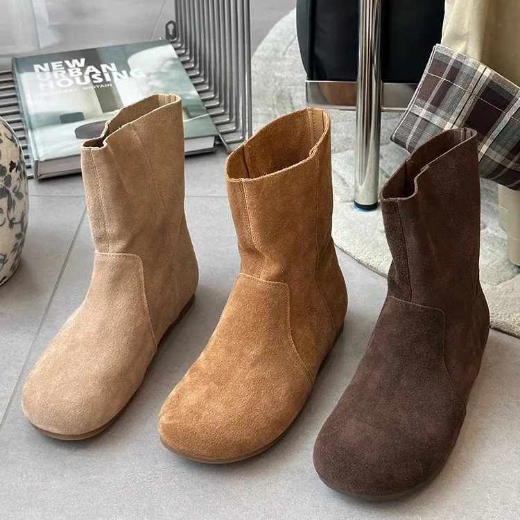 磨砂牛皮复古圆头套筒勃肯流行小短靴女2025新款休闲平底中筒靴子