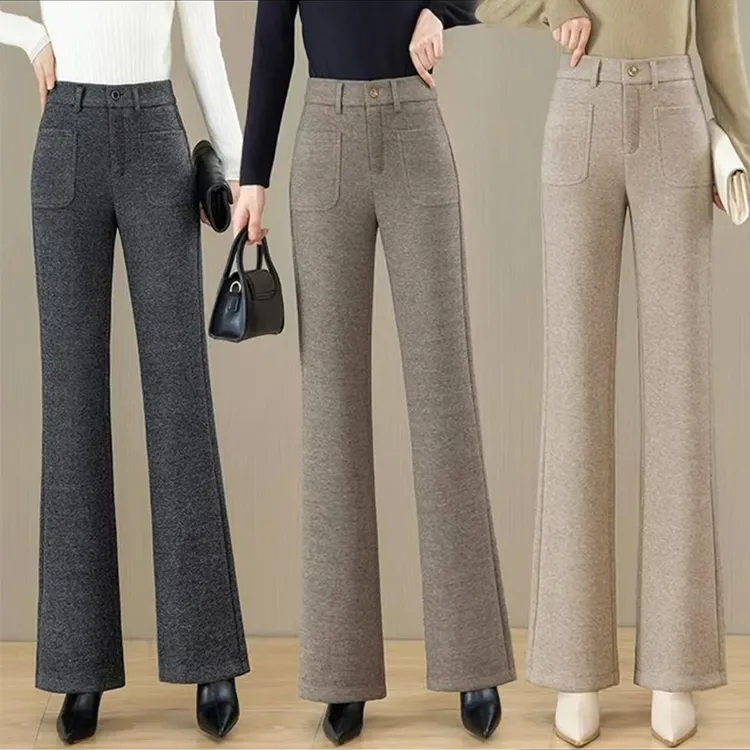 加厚毛呢裤女秋冬新款微喇裤子2024秋冬款高腰显瘦加绒休闲裤1729